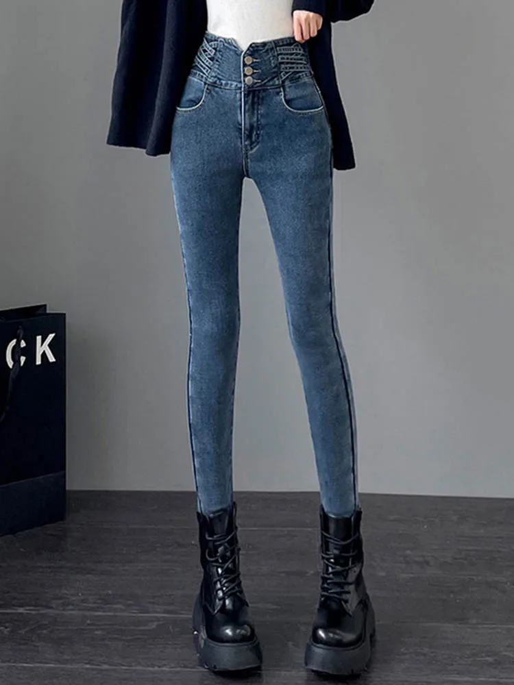 Hoge taille dikker potlood jeans Koreaanse mode mager fluweel gevoerde denim broek winter warm stretch vintage casual vaqueros nieuw