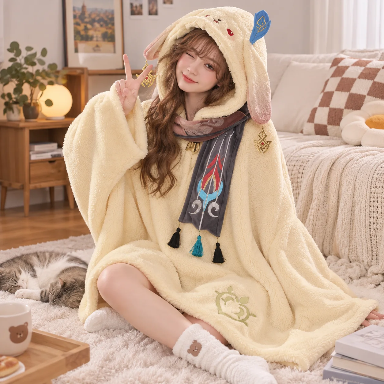 Genshin Impact Cloak Blanket Zhongli Kaedehara Kazuha Cosplay Hoodie Cape Unisex Warm Flannel Air Condition Homewear Sleepwear