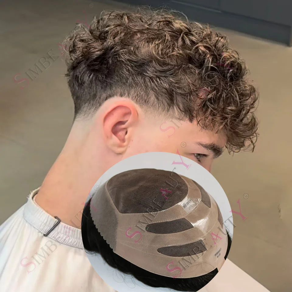 

Ash Blonde Grey Brown 320# 24mm Curly Men's Toupee Bond Lace Durable NPU 100% Human Hair Natural Hairline Fine Mono Prosthesis