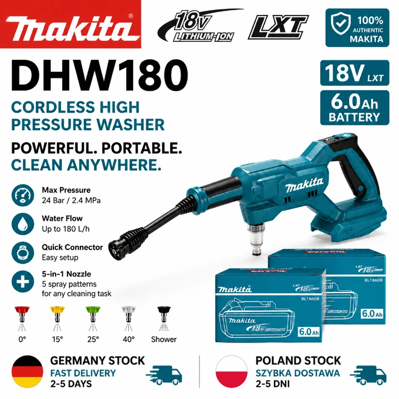 Original Makita DHW180 Kabelloser Hochdruckreiniger, tragbar, 18V, mit Sprühpistole für die Reinigung von Autos, LKWs, SUVs, Motorrädern, Fahrrädern, Gärten, Terrassen, Zäunen, Decks, Fenstern und