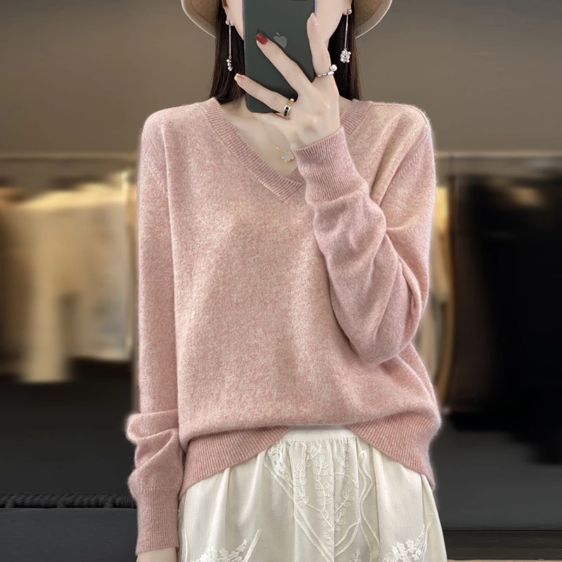 2023 Autumn/Winter New V-neck Loose Women\'s Sweater 100% Woolen Sweater Pullover Long Sleeve Knitted Cashmere Top Sweater