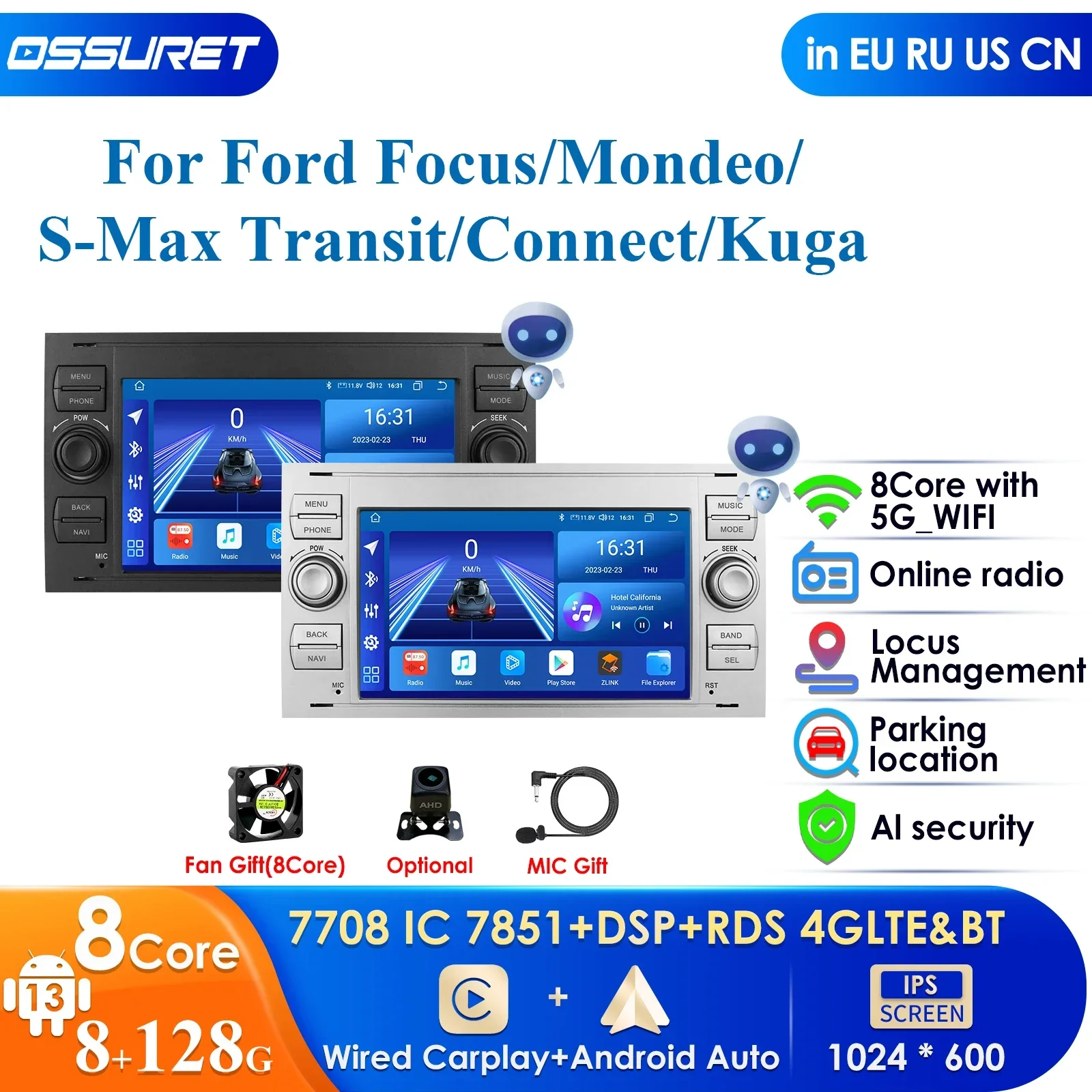 

Octa Core 8G+128GB 2 Din Car Autoradio Android Multimedia GPS Nav for Ford Mondeo S-max Focus C-MAX Galaxy Fiesta Transit Fusion