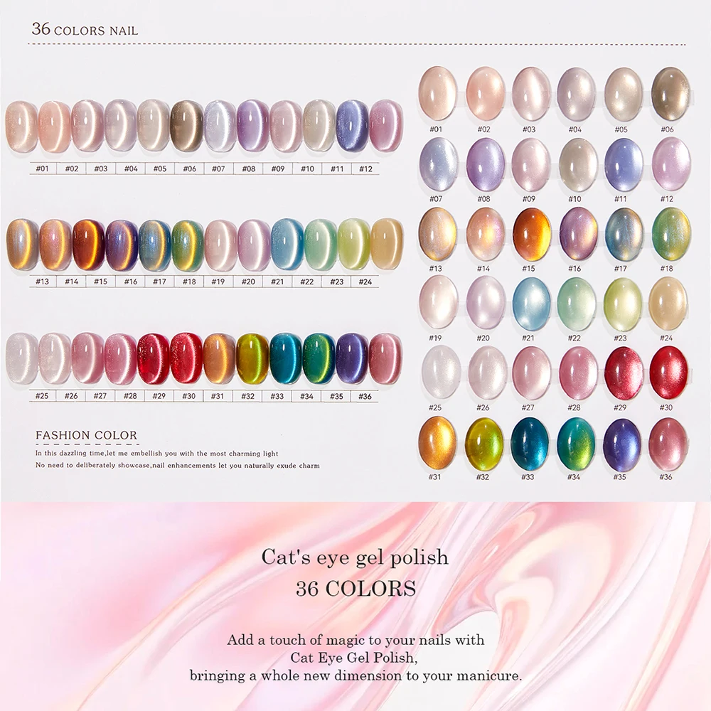

Vendeeni 36 Colors/set Gold Glitter Glass Beads Crystal Magnetic Wide Cat Eye Gel Nail Polish With Color Card TPO/HEMA FREE