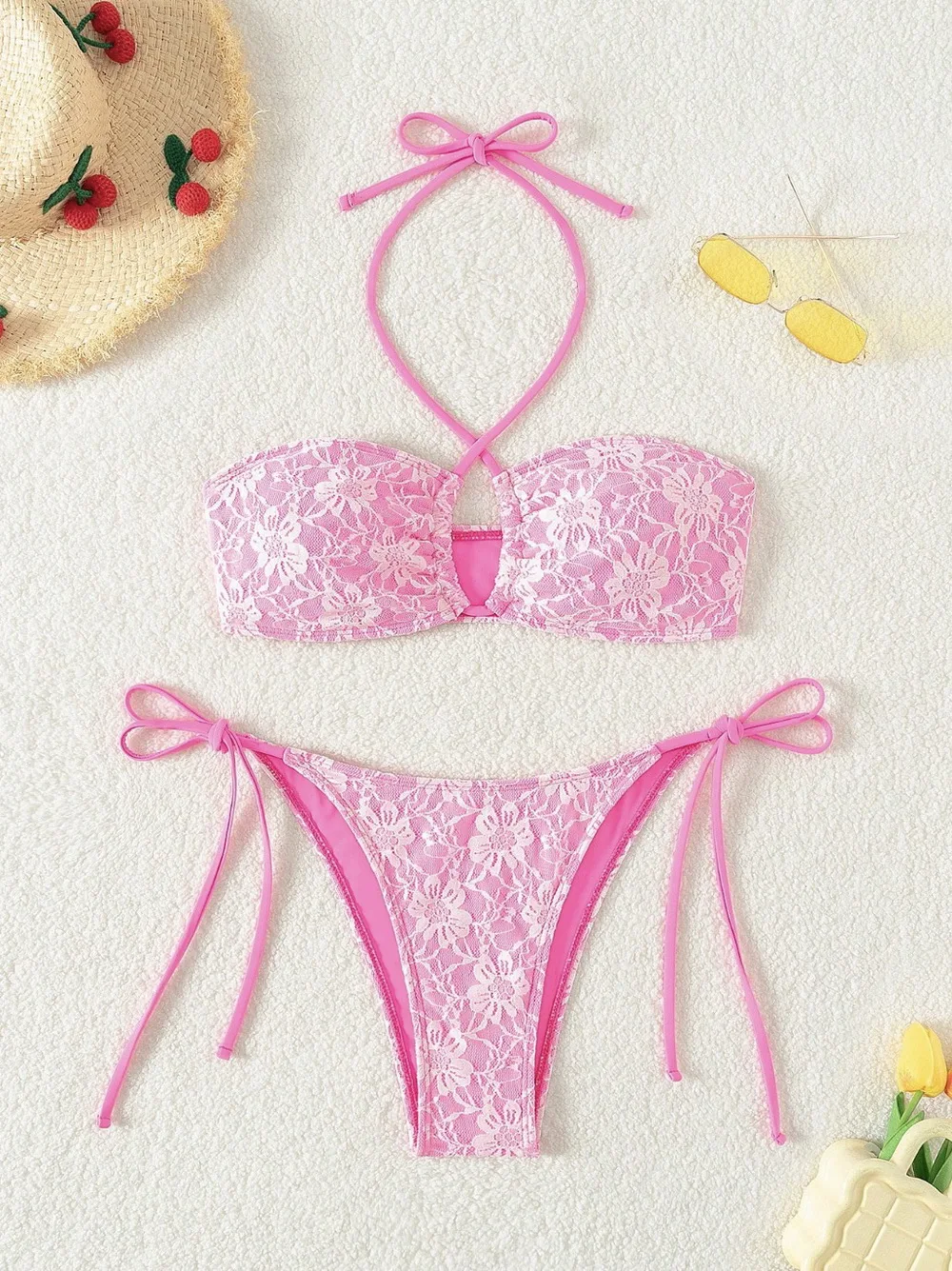 

Женский сексуальный комплект бикини с треугольным топом и завязками, раздельный купальник, пляжный костюм с вырезами