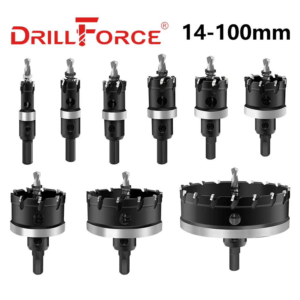 Drillforce Newest 14-100mm TCT Hole Saw Drill Bits Alloy Carbide Cobalt Cutter Stainless Steel Plate Iron Metal Cutting Kit