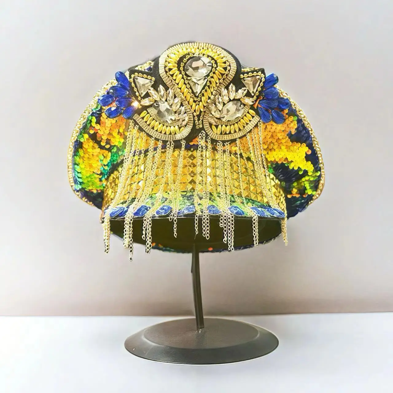 ホンルアン イエローレーザーレザーループキャプテンハット ラインストーン＆ミリタリーキャップ 女性用、レイブフェスティバルアクセサリー＆パーティーキャップ男性用