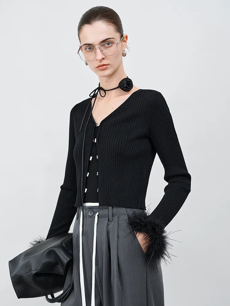 FSLE【Premium Series】Elegant Ostrich Feather Sleeve Sweater For Women 2025 Spring New Design Chic Outfit 25FS11091