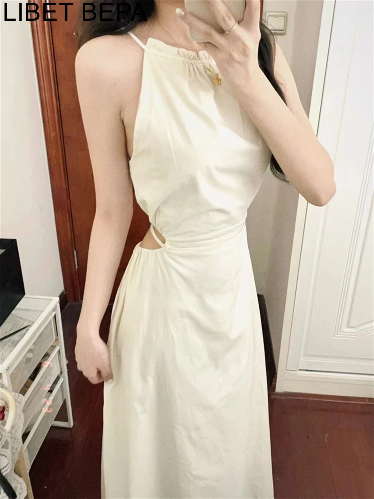 DR2377 2023 New Lace Up Chic High Waist Backless Fairycore Korean Fashion Sleeveless Vintage Women Spring Summer Long Dresses