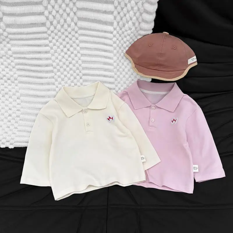 2026 Autumn New Baby Cute Embroidery Polo Shirts Boys Long Sleeve T Shirts Cotton Girls Casual Lapel Tops Toddler Clothes