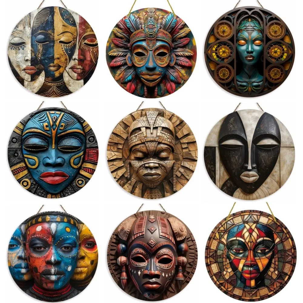 2D Unique African Mask Circular Wooden Sign with Artistic Design, Suitable for Home, Caf É, Bar, Office, Party Decoration, Gifts