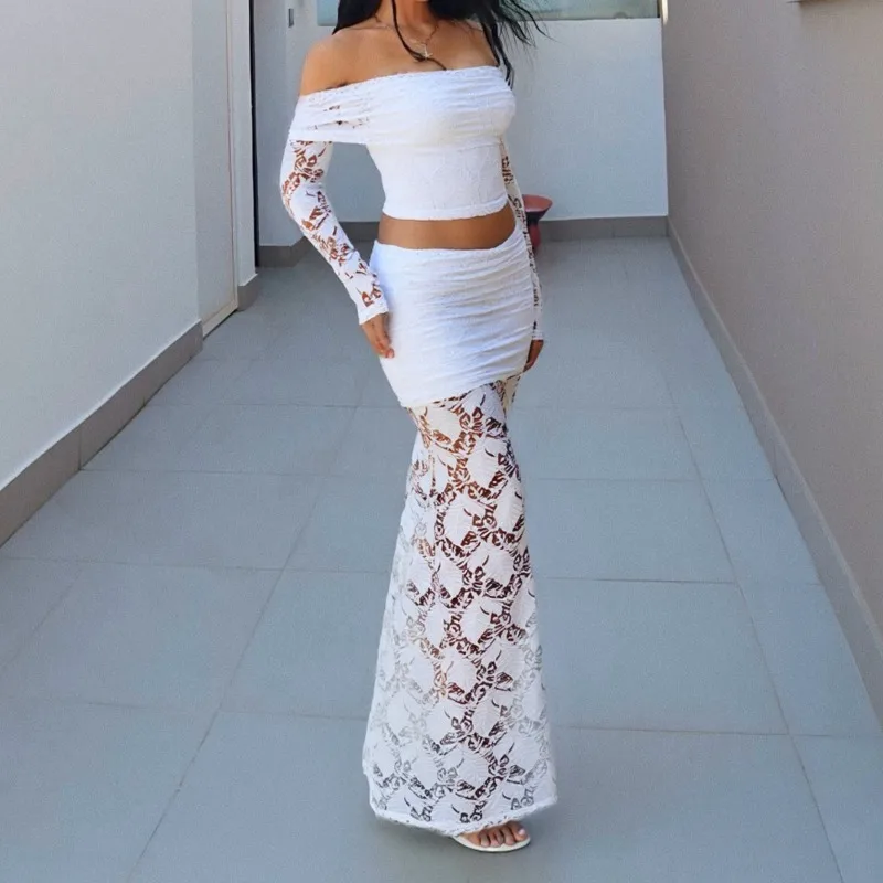 Women Elegant Sexy White Lace 2 Piece Set Lapel Slash Neck Off Shoulder Long Sleeve Crop Tops + Ruched Mermaid Maxi Skirts Suits