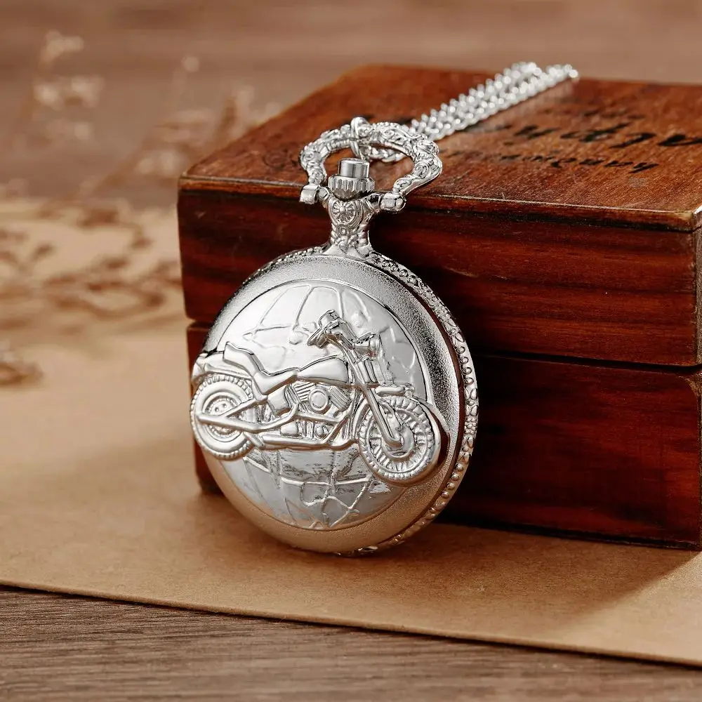 New Silver Pocket Watch Motorcycles Pattern Relogio De Bolso Quartz Pocket Watch with Necklace Quartz Clock masculino relogio