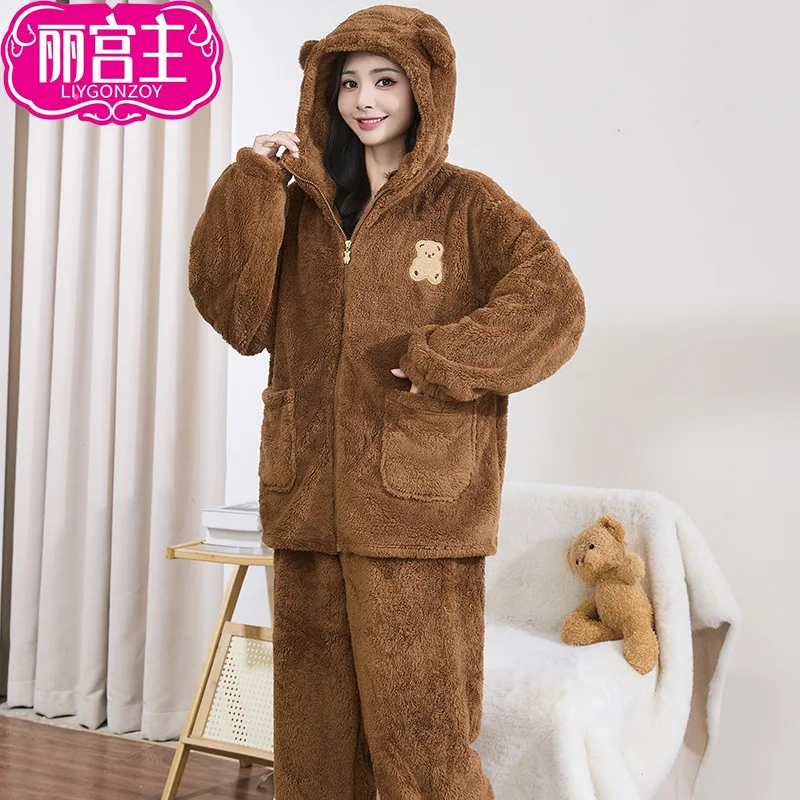 

Утепленная домашняя одежда с капюшоном, пижамы для девочек, домашняя одежда, домашняя одежда, теплая утепленная женская верхняя одежда из кораллового флиса, пальто для сна, осень-зима