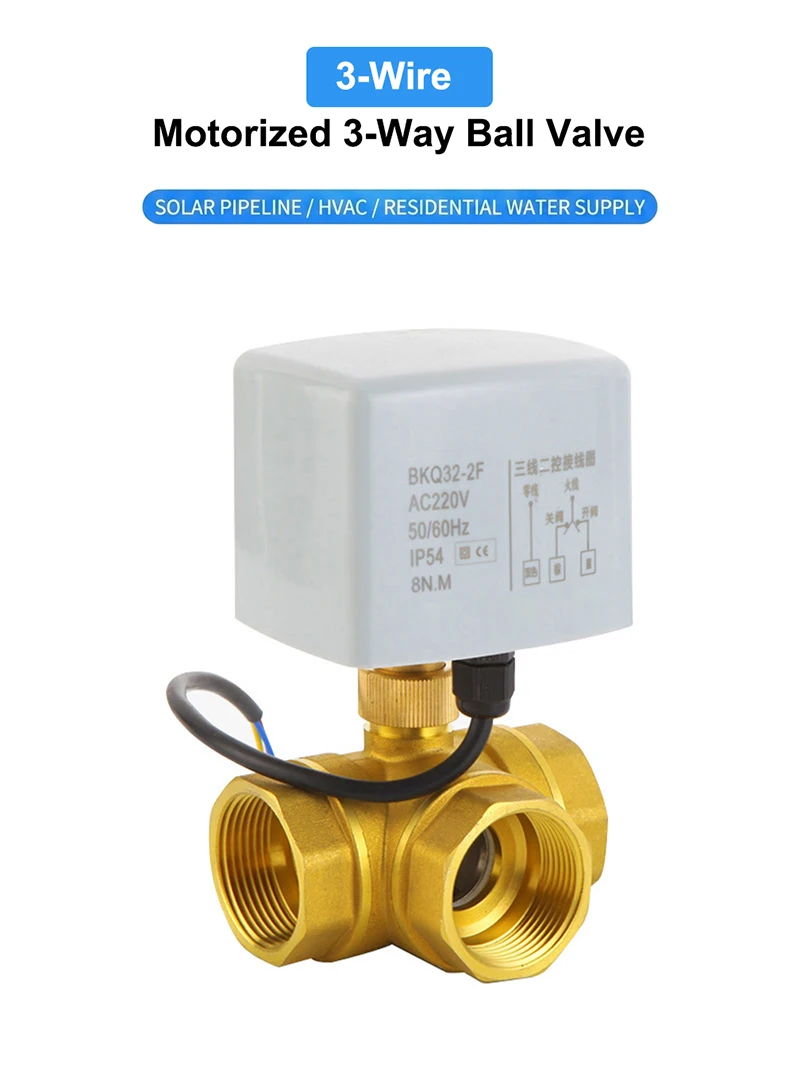 Acarps 3-Wege Motorisiertes Kugelventil 3-Draht 2-Steuerung T/L-Typ 1/2" 3/4" 1" 2" DN15-50 Messing HVAC Elektrisches Kugelventil 220V 24V 12V – Detail 1