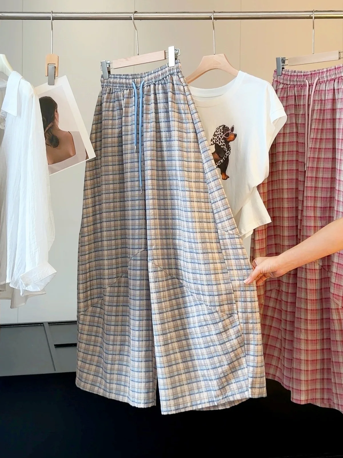 Korean Cotton Linen Pink Checkered Wide-leg Pants For Women New Summer Niche Loose Straight-leg Pants Casual Commuted Outfits