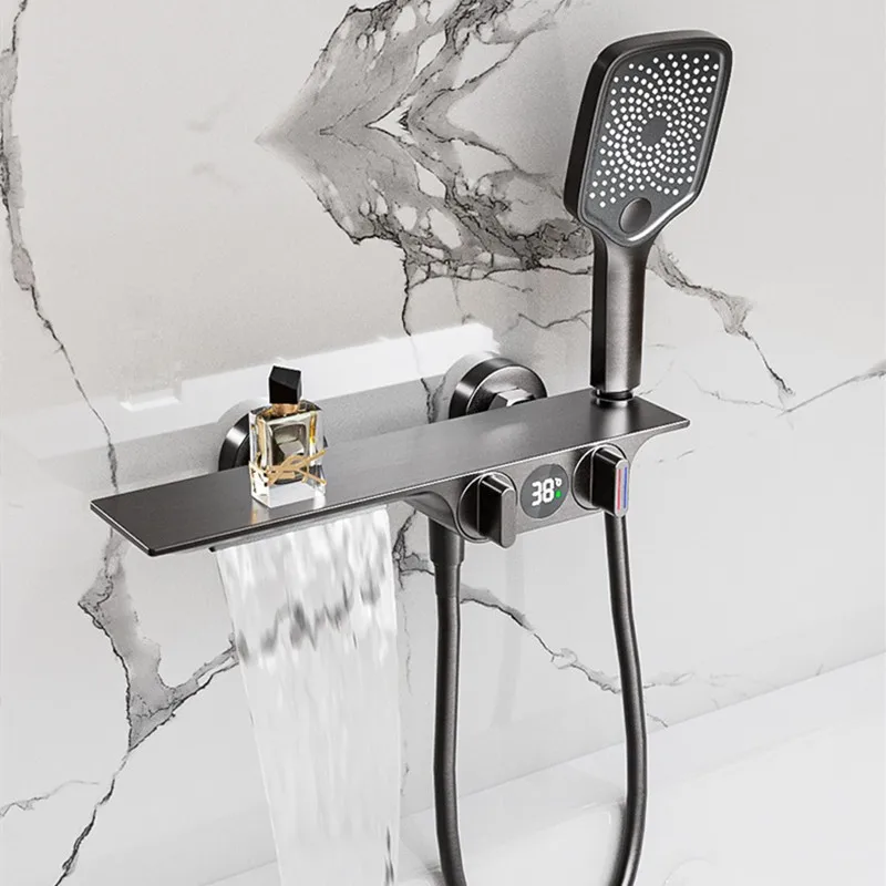 Bathroom Gray Bathtub Faucet Set Wall Mounted Brass Digital Display Smart Waterfall Shower Faucet Set White Chrome Black