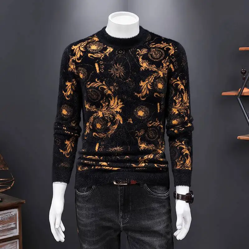 자카드 밍크 플리스 배색 의류 두꺼운 빈티지 그래픽 프린트 긴팔 슬림 풀오버 스웨터 소셜 스트리트웨어