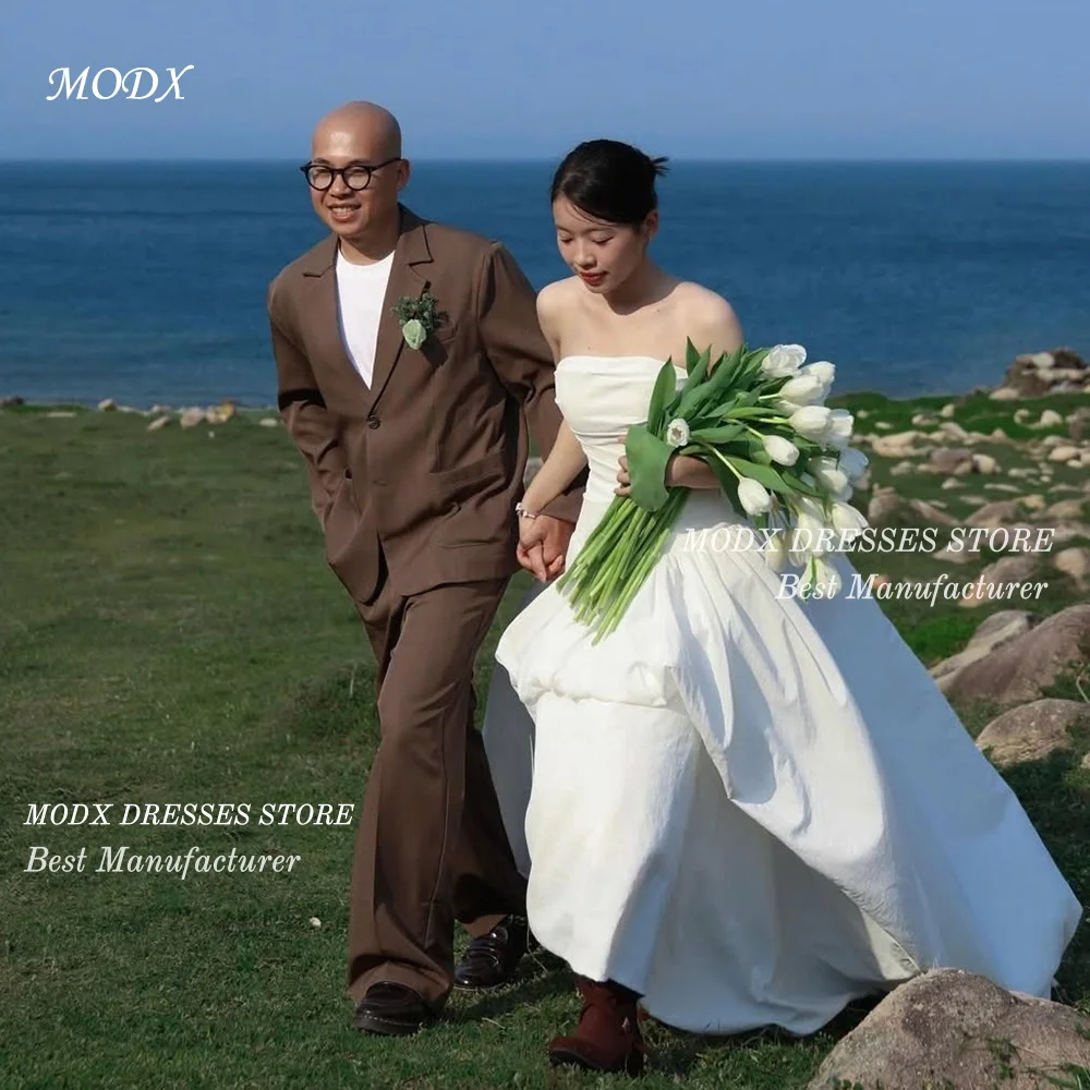 MODX Elegant Korean Ivory Wedding Dress Strapless Bubble Silhouette A-Line Bridal Gown Floor Length Reception Dress Vestidos New