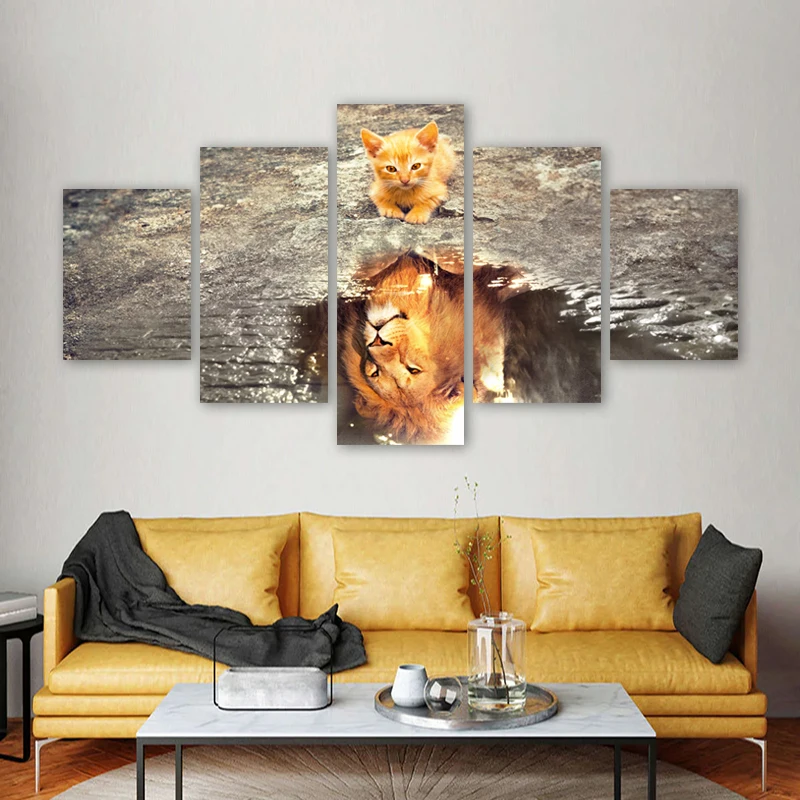 5 Panels Cat Lion Posters Canvas Prints Animal Painting Cuadro Wall Art Picture For Living Room Modern Home Decoration No Frame