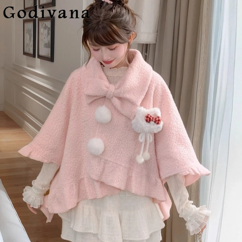 الحلو الوردي لوليتا معطف الصوف للنساء النمط الياباني Bowknot تصميم فضفاض الرؤوس الإناث الشتاء القوس طوق التخسيس العباءات