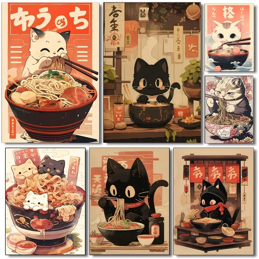 Historia de moreza sin marco, 1 unidad, estilo novedoso, Kawaii, Ramen japonés, Animal, gato, carteles HD, decoración artística de pared para el hogar, habitación, Bar y cafetería