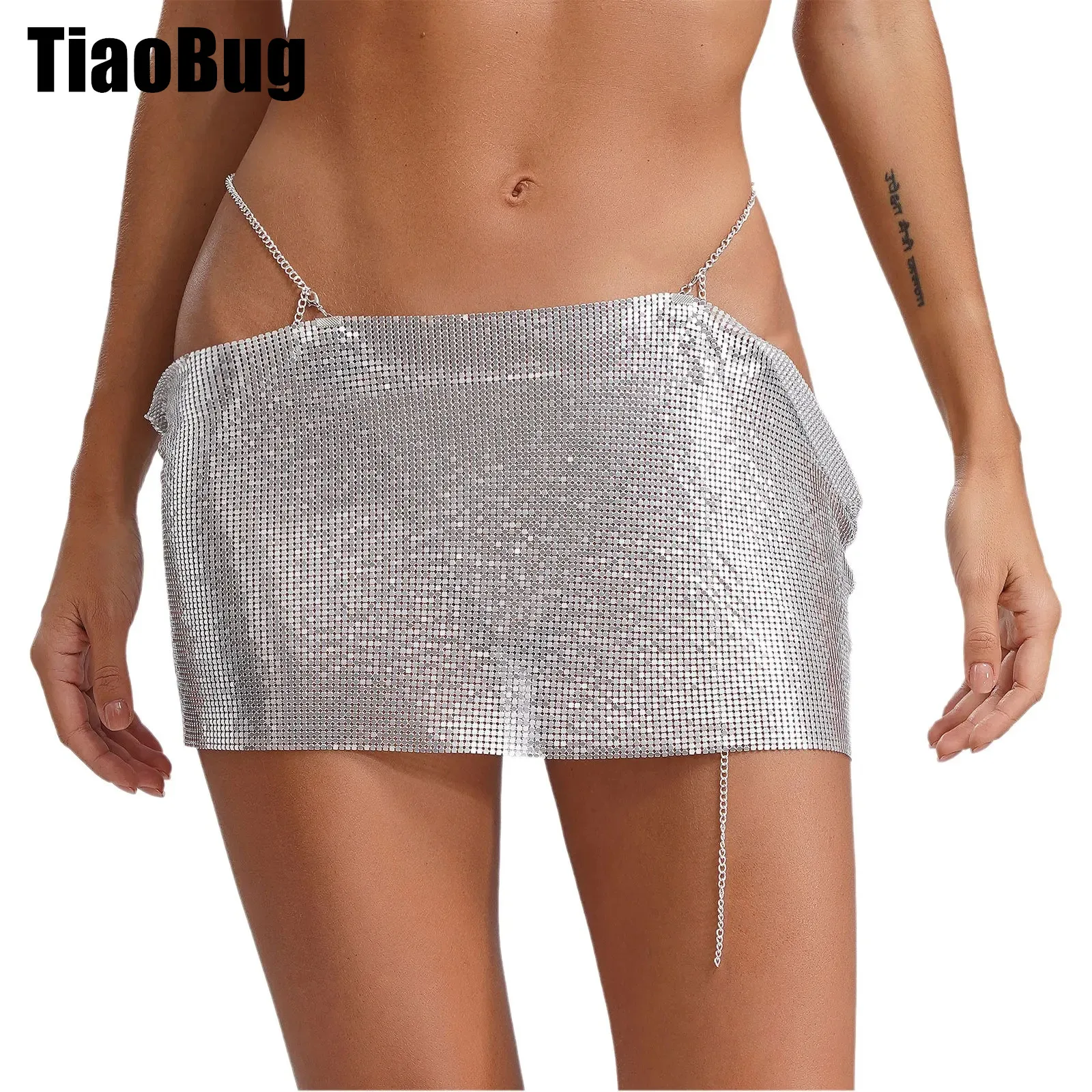 Women Sequins Party Skirt Sparkly Mini Skirt Low Waist Metal Chains Waistband Glitter Skirt Sexy Night Out Skirts