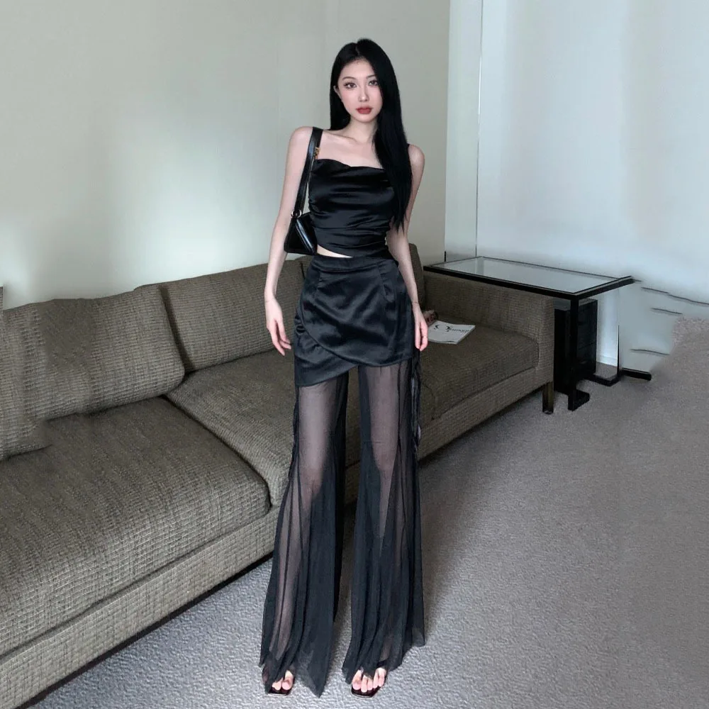 Summer Black See Through Mesh Flare Pants Sets High Fashion Trousers Wide Leg Pants + Sexy Camisole Top Women Streetwear Clothes