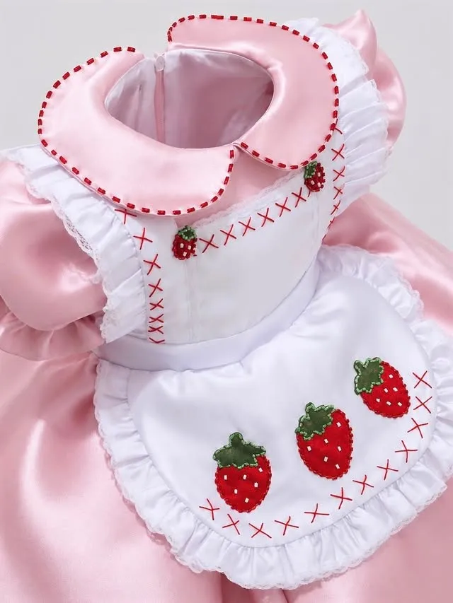 Summer Baby Girl Sweet Strawberry Embroidery Mesh Pink White Puffy Dress With Hat For Party Birthday Wedding Photography B697