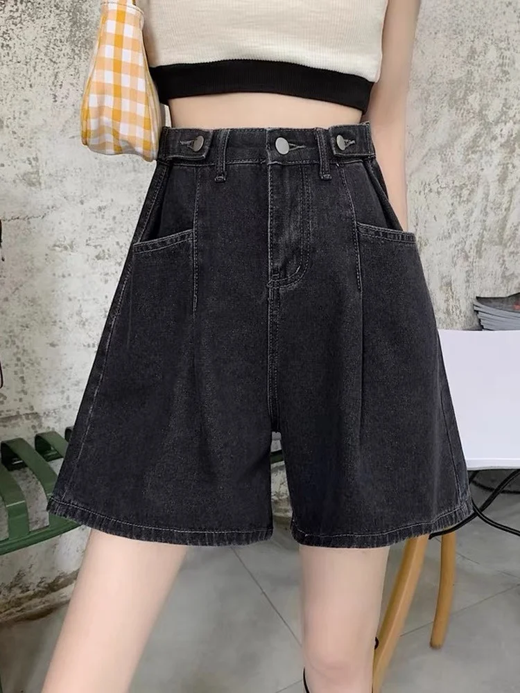 High Waist Loose Fit American Style Retro Denim Shorts Women Summer New plus Size Straight Leg Five Tenths mid Length Pants