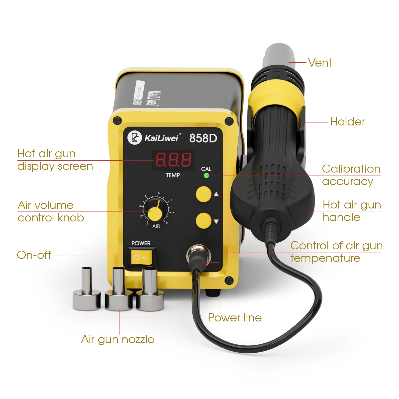 Imagem -04 - Kailiwei Pistola de ar Quente 858d 700w Estação de Solda de Retrabalho Bga Estação de Solda de ar Quente 220v 110v para Smd Smt Reparação de Solda