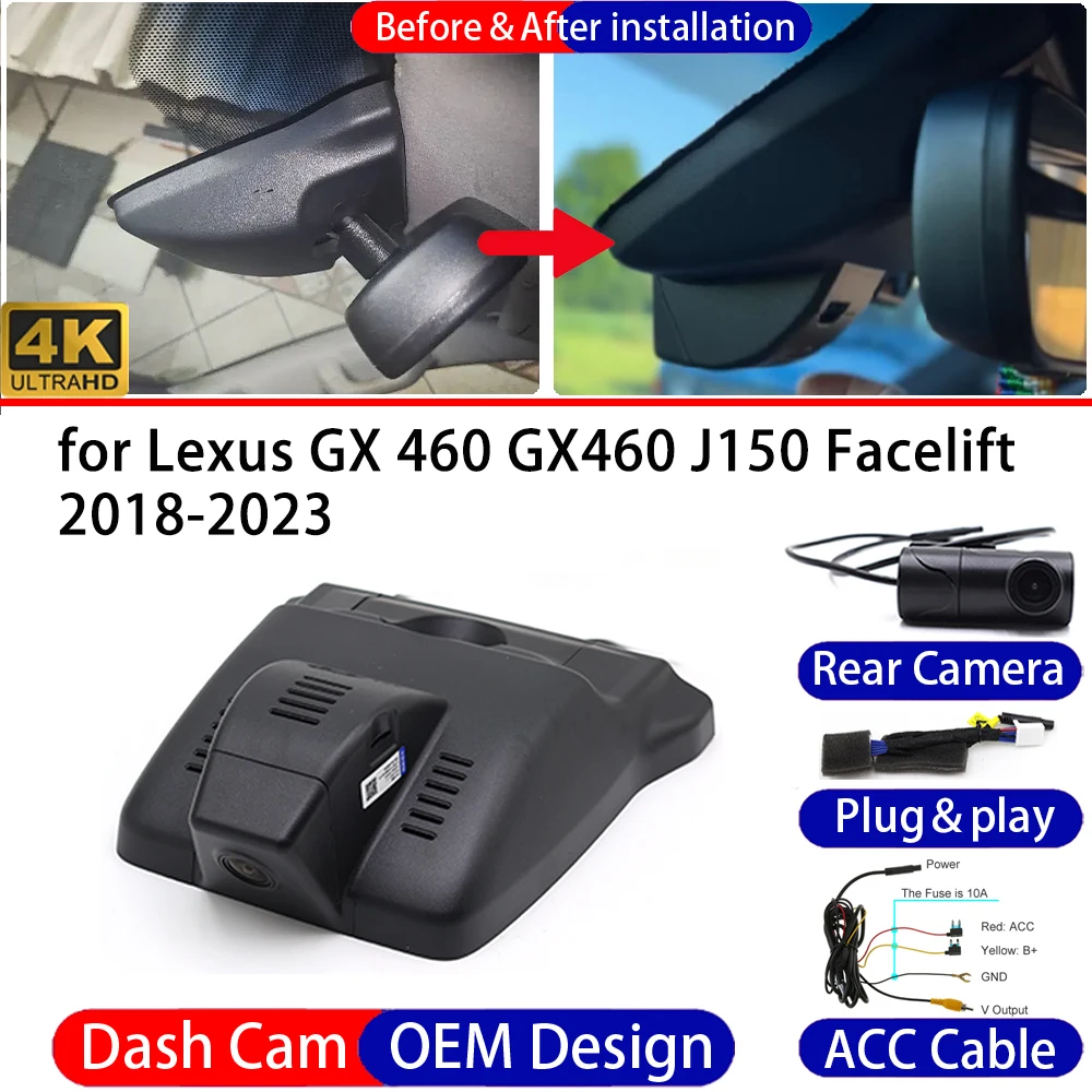 Dash Cam for Lexus GX 460 GX460 J150 Facelift 2018-2023 Front＆Rear 4K DVR Dashboard Camera Video Drive Recorder Parking Mode