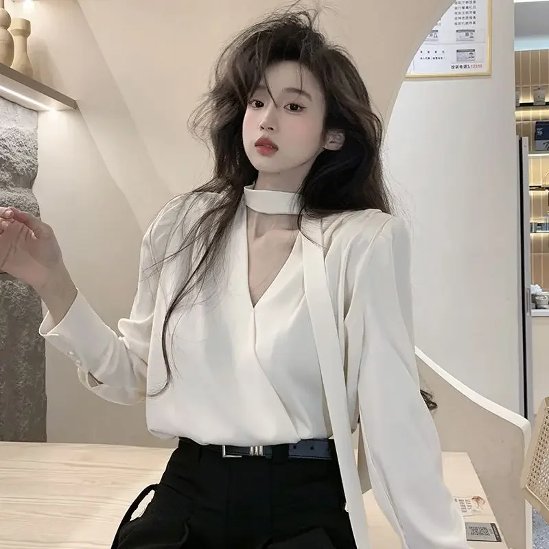 QWEEK Elegant and Youth Woman Blouses Office Lady Oversized White Shirts Chic Long Sleeve V-neck Tops Korean Review Many Clothes