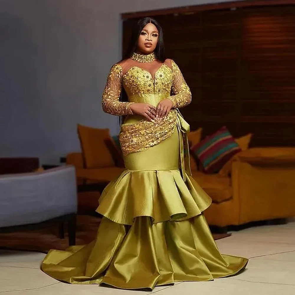 Vestidos De Noite De Pescoço Alto, Manga Comprida, Fundo Em Camadas, Vestido De Baile De Sereia, Vestido De Festa Árabe, Tamanho Plus