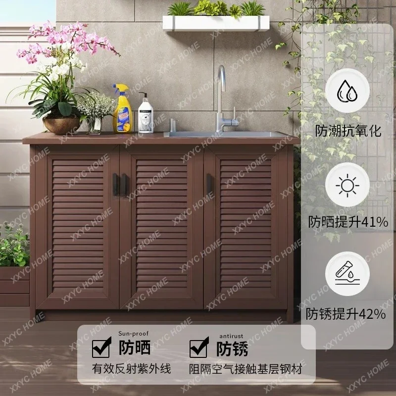 HHss25 Outdoor Balcony Aluminum Alloy Wash Basin Cabinet Sink Integrated Household Courtyard Waterproof Rock Slab Storage Cabine