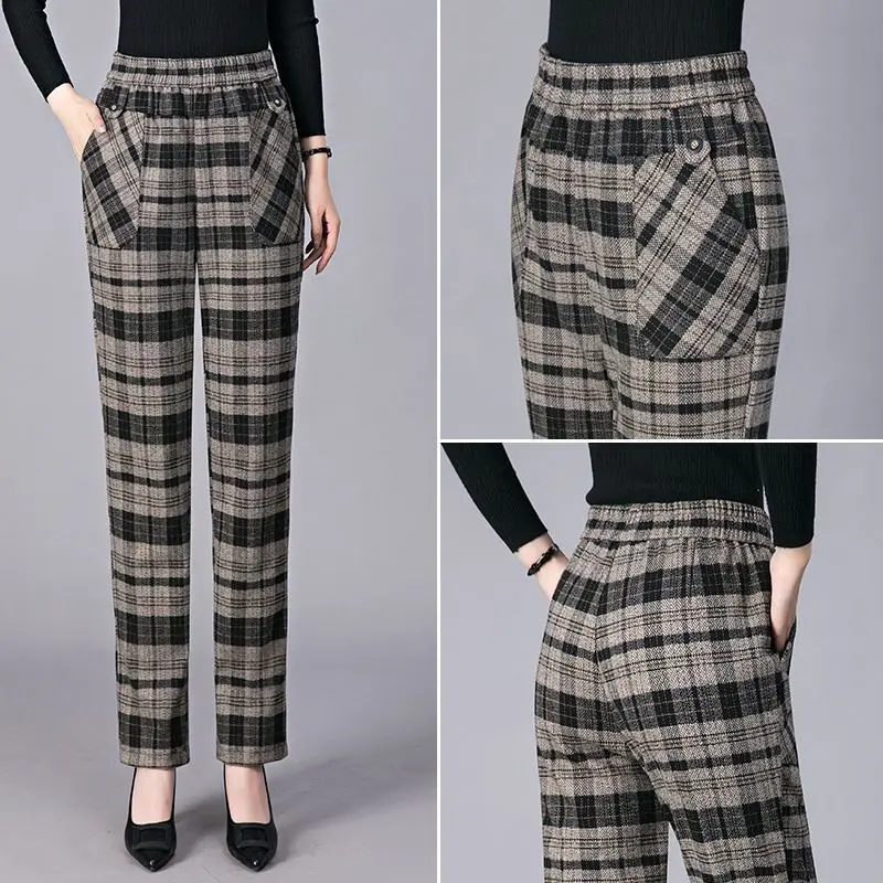 200 Pound Plus Size Pants Women Spring Autumn Straight Leg Middle-aged Fashionable Outerwear Loose Casual Plaid Pants Trendy