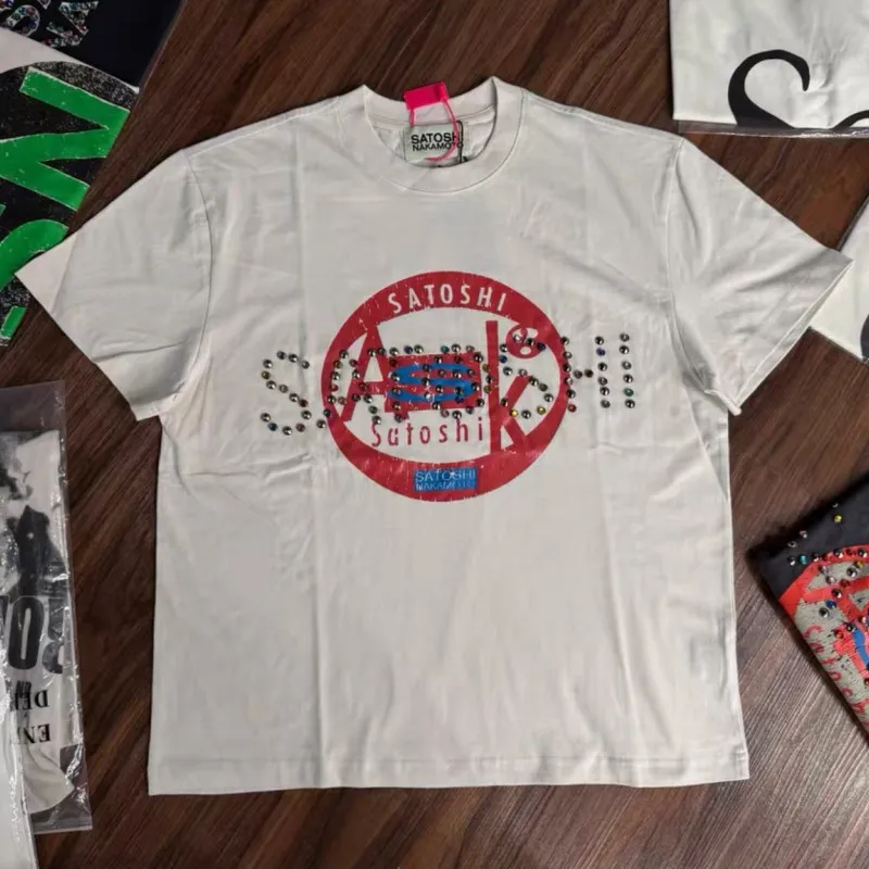 Colorful Nail Bead Letter Burst Print Loose Washed Retro Short Sleeve Summer SATOSHI Tshirts Black White Men Women Streetwear