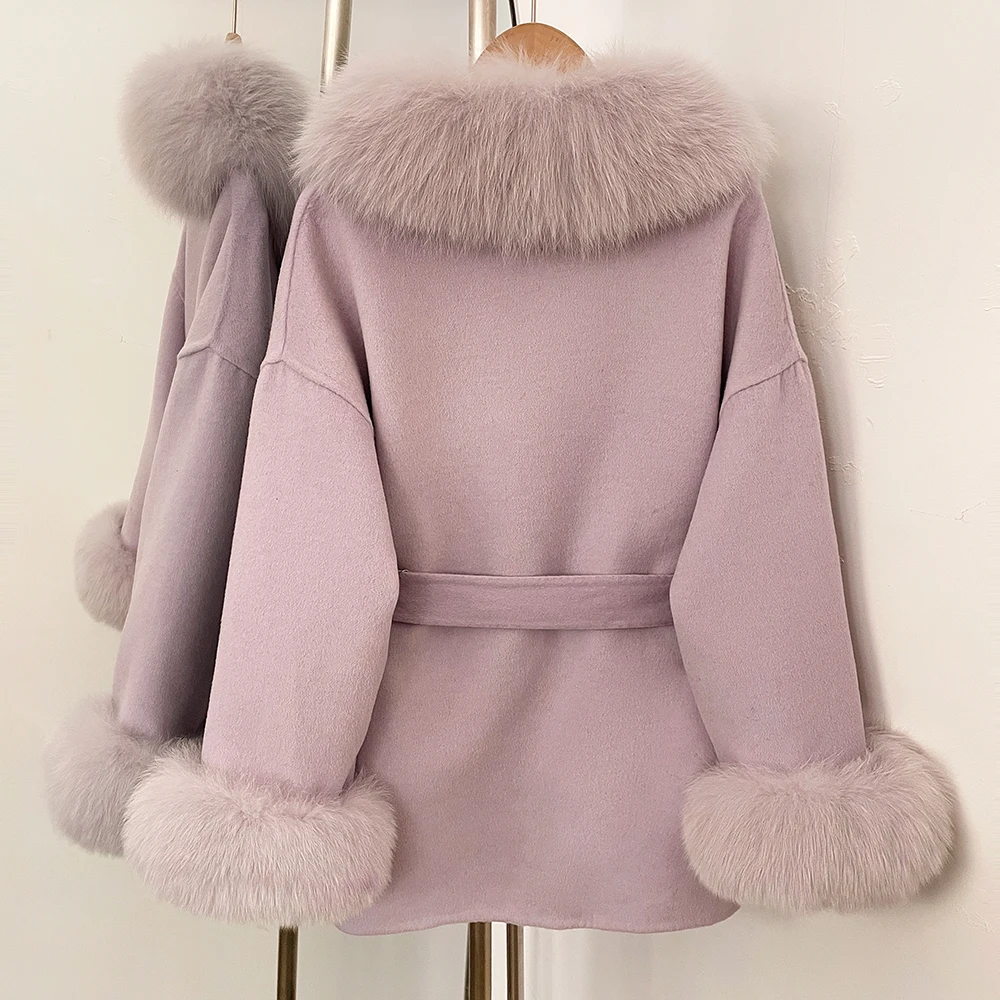 OFTBUY Eleganter Doppelseitiger Wollmantel in Lila, Neue Herbst-Winter-Kleidung für Damen, Echter Fuchspelz-Schal, Kragen, Gürtel, Wolljacke für Frauen – Detail 9