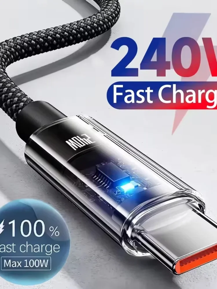 Kabel USB C PD do szybkiego ładowania i transmisji danych z wyświetlaczem LED, nylonowy, 240W, długość 0.25/1/1.5/2M, USB do Type C, nowy. — 2