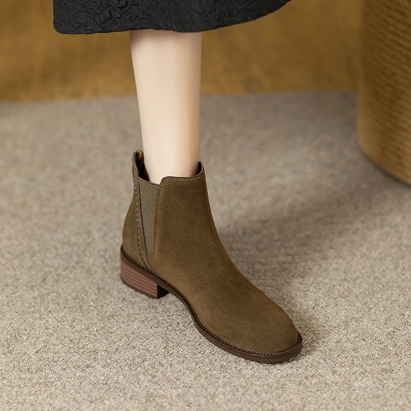 

Retro Chelsea ort Boots Women's Ultra Soft Genuine Leather round Toe Matte Ankle Boots Thi Heel Briti Sle Boots