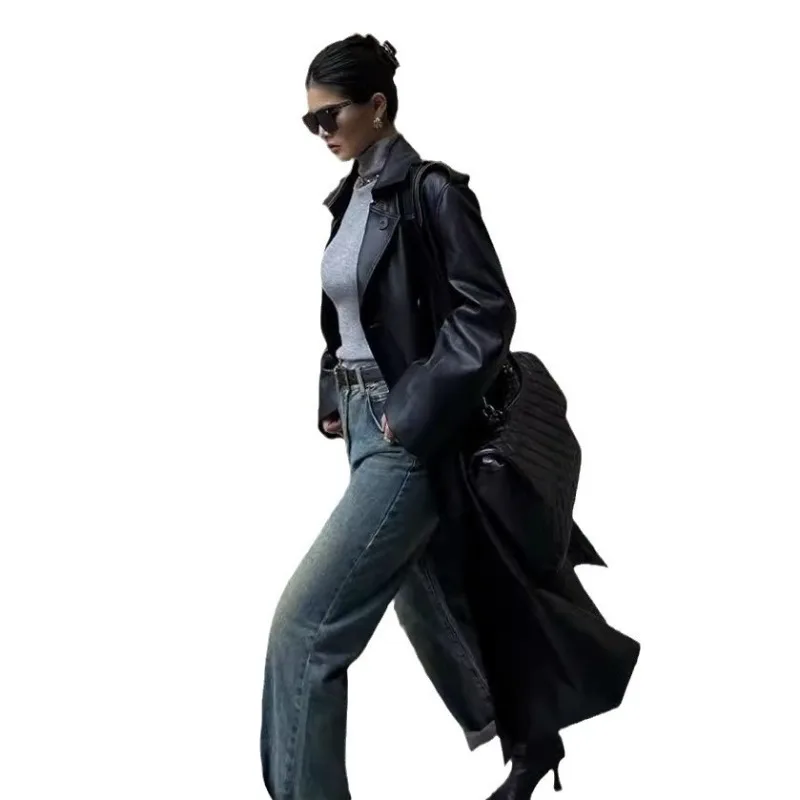 Spring Autumn Retro Long Black and Brown PU Leather Coat Women Double Breasted with Belt Slimming Fashion Leather Jacket Women's