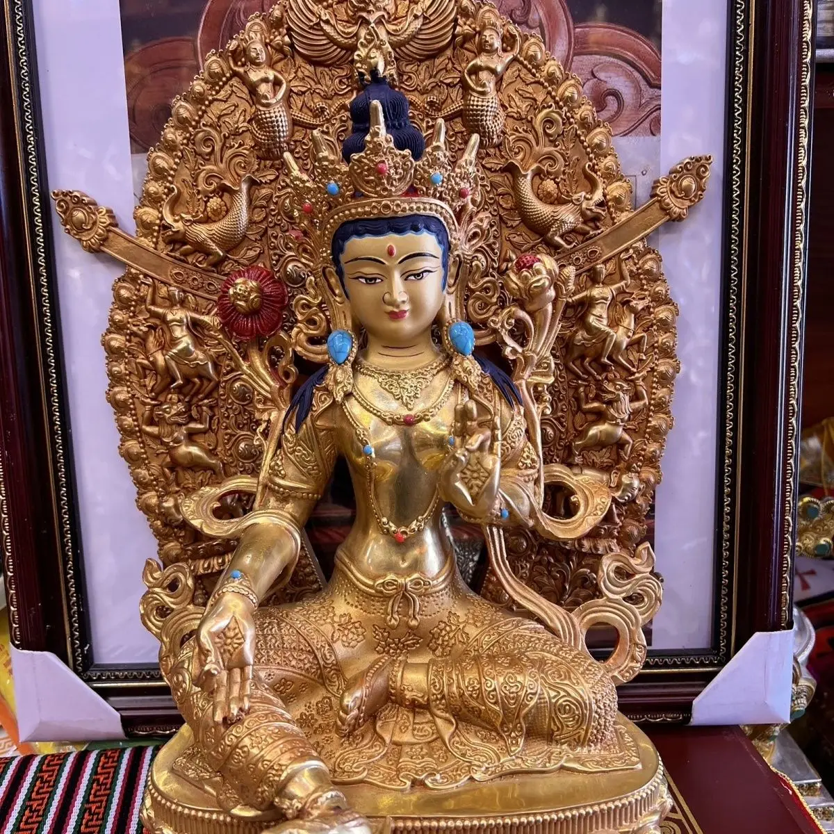 Green Tara Tibetan Bodhisattva craft pure copper one foot household gilt Buddha statue tantra offering ornament bronze statue bo