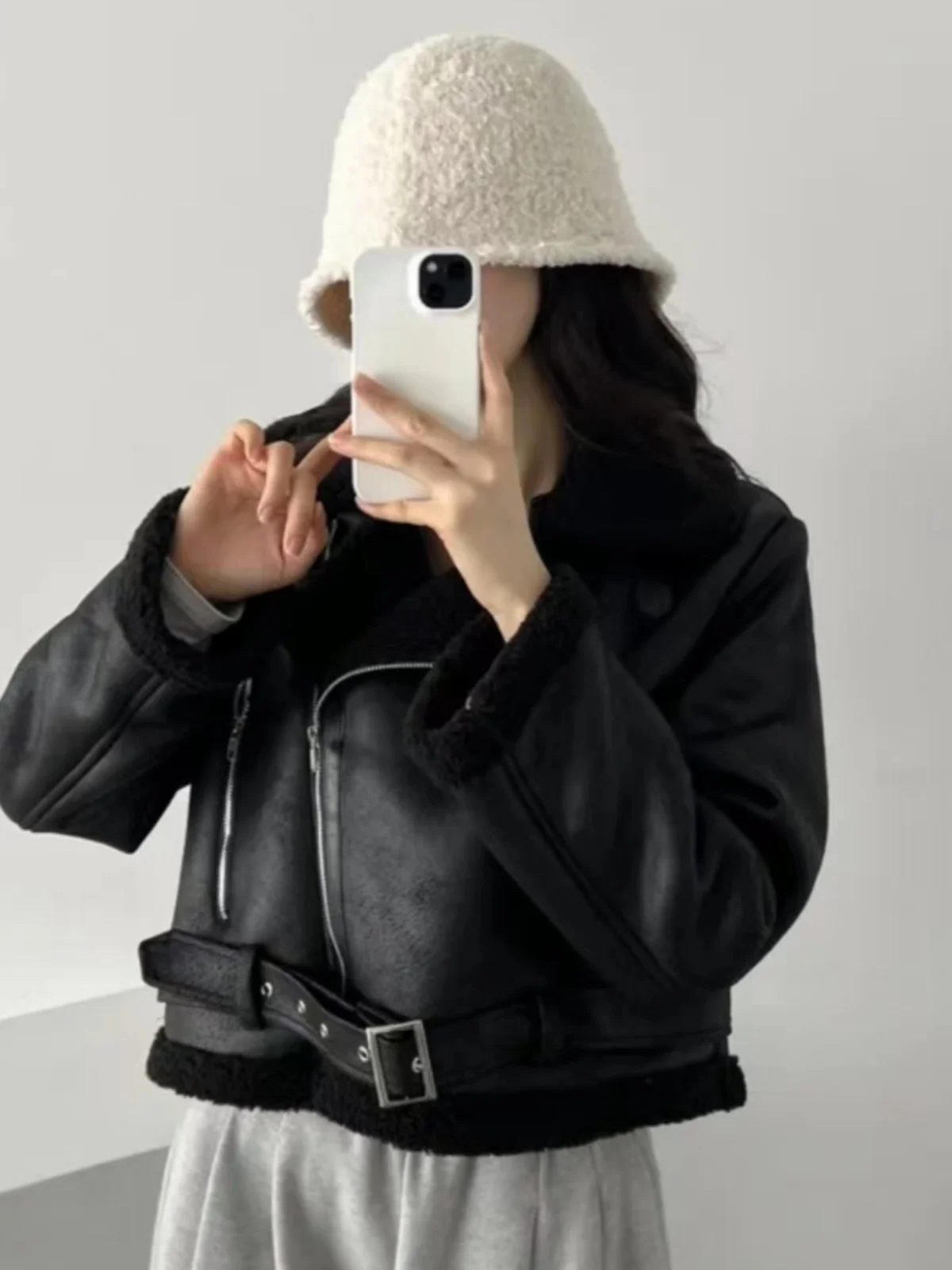 Korean Sle ort Biker Jaet Lamb Fur Lined Faux Suede  Thiened Winter Coat Women's Faion Trend