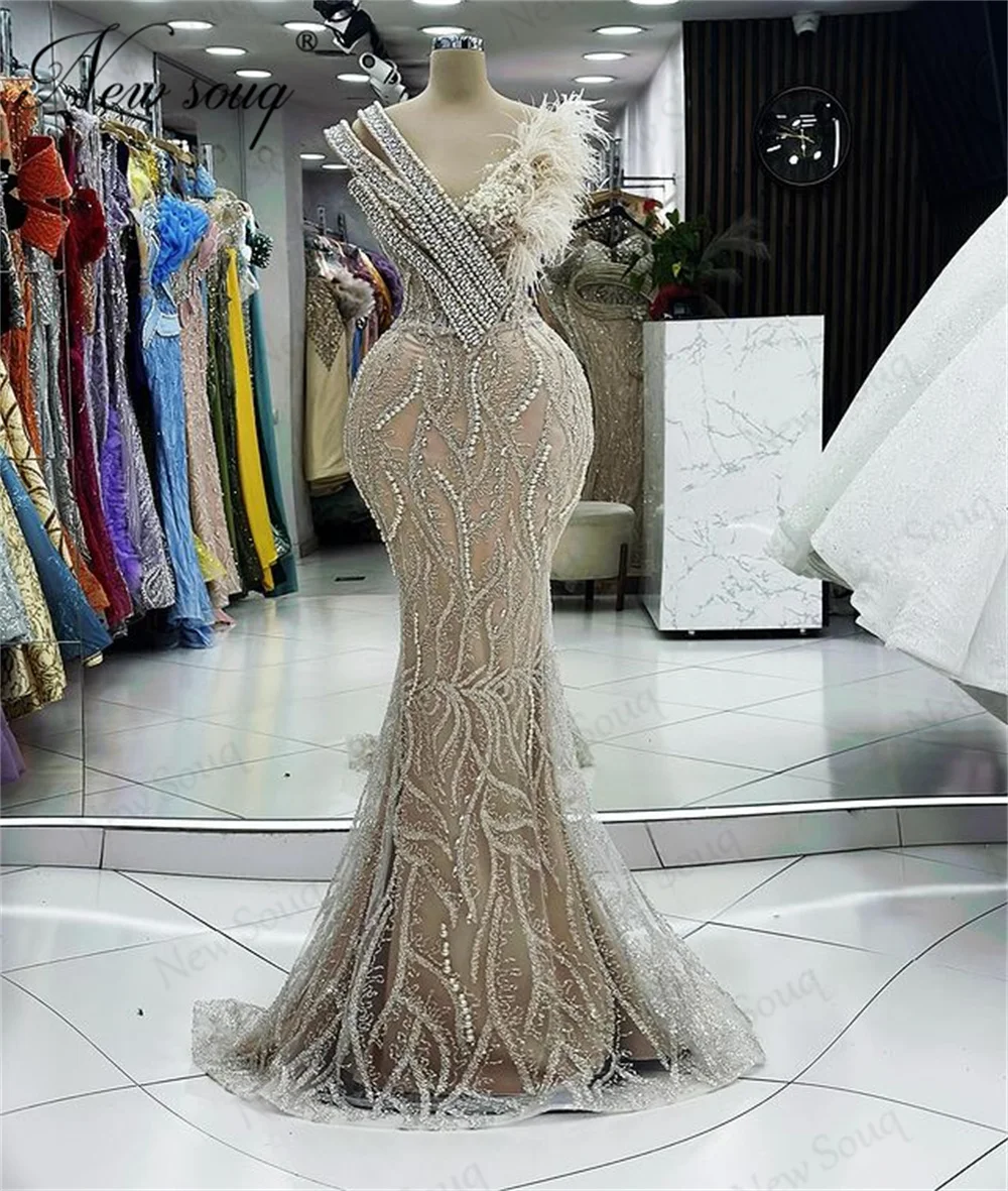 Champagne Beading Prom Dresses 2024 Luxury Feathers Mermaid Cocktail Evening Dresses Robes Dubai Female Wedding Party Dress