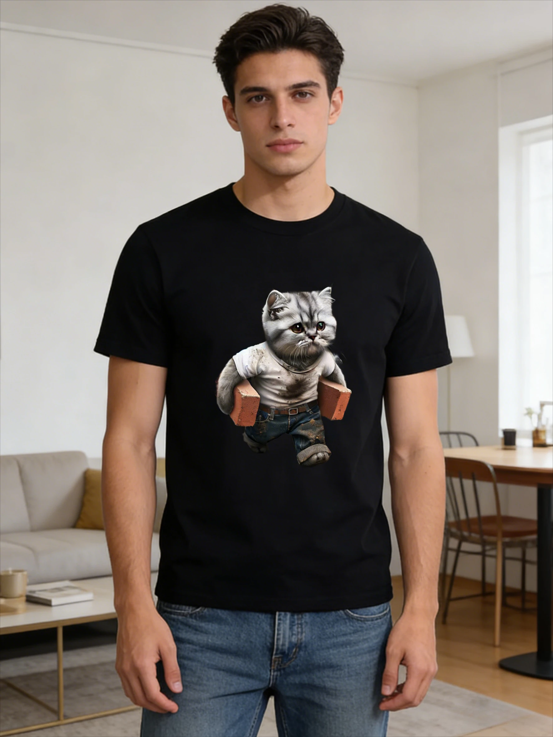 Summer streetwear adult animal brick-patterned printed T-shirt for men. 100% cotton, casual and loose-fitting short-sleeved top.