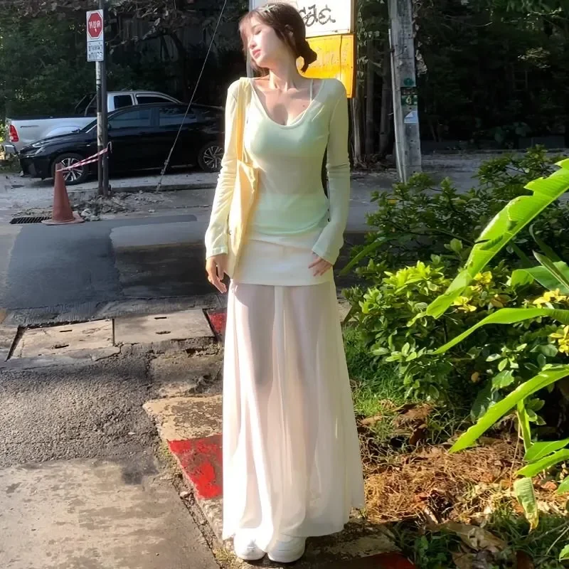 

Женская юбка-миди 2-в-1 из сетки с высокой талией, прозрачная, многослойная, А-силуэта, макси-юбка