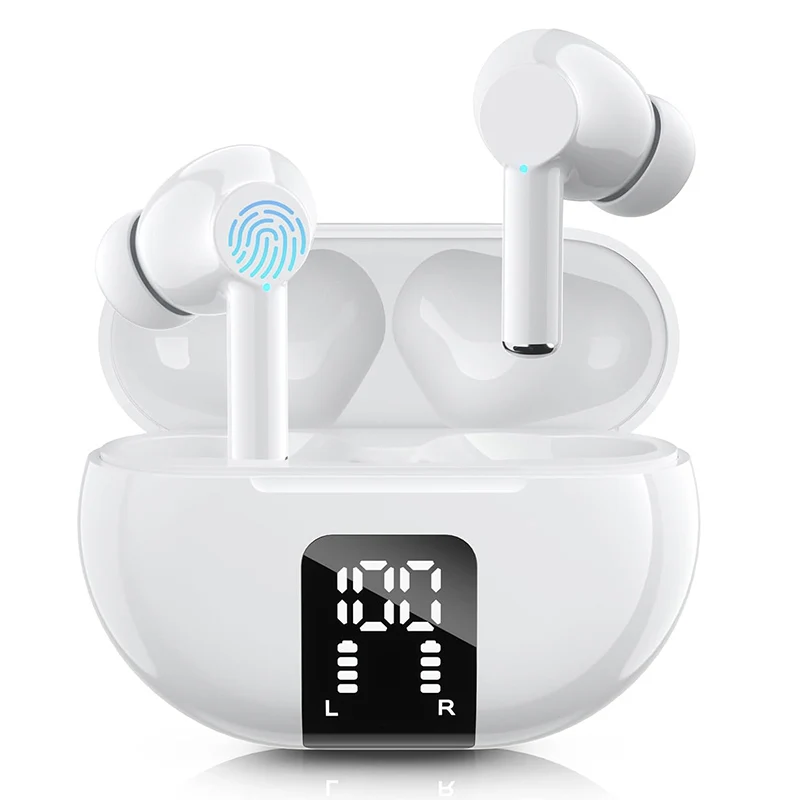 Wireless Earphone 60H Playback LED Power Display Ear Buds Bluetooth 5.3 40dB Noise Cancelling 6 Mic ENC Stereo Sound Earphones