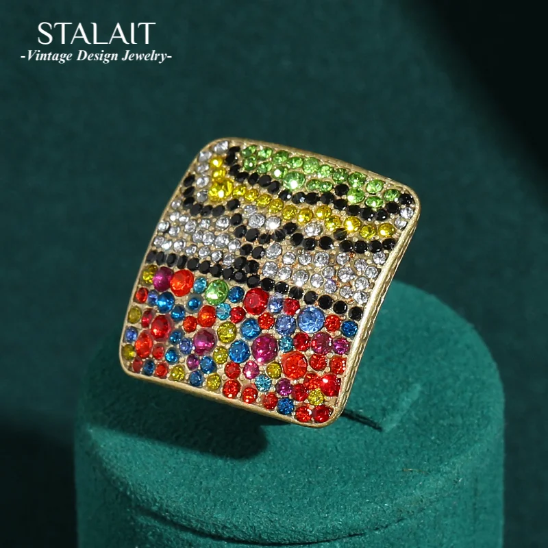 

Vintage Large Square Ring Mosaic Colorful Rhinestone Luxury Jewelry Decoration Geometry Woman Designer Accessories 2025 New