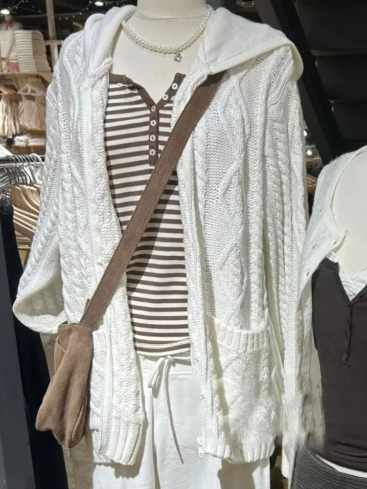 

Милый белый свитер с капюшоном, женский осенне-зимний новый свободный вязаный кардиган с длинными рукавами, винтажный милый джемпер в консервативном стиле, топ