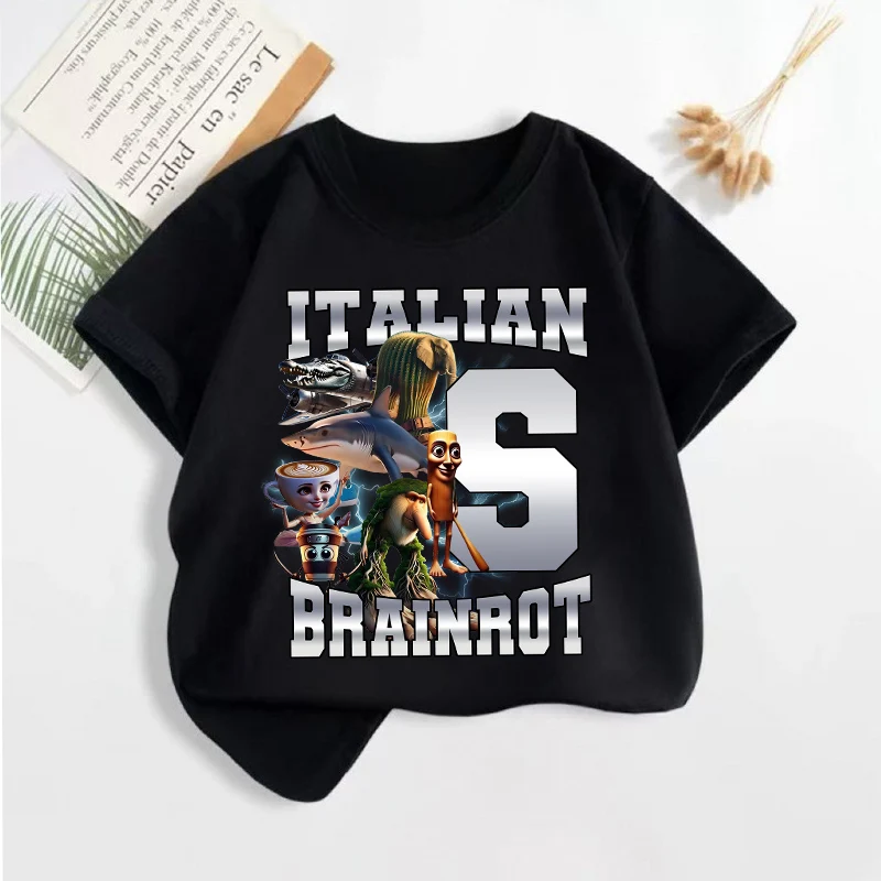 

Tralalero Tralala Boys T-shirt Summer Letter Short Sleeve Children Tungtung Sahur Brainrot Cartoon Tees Tops Kids Clothes Gift