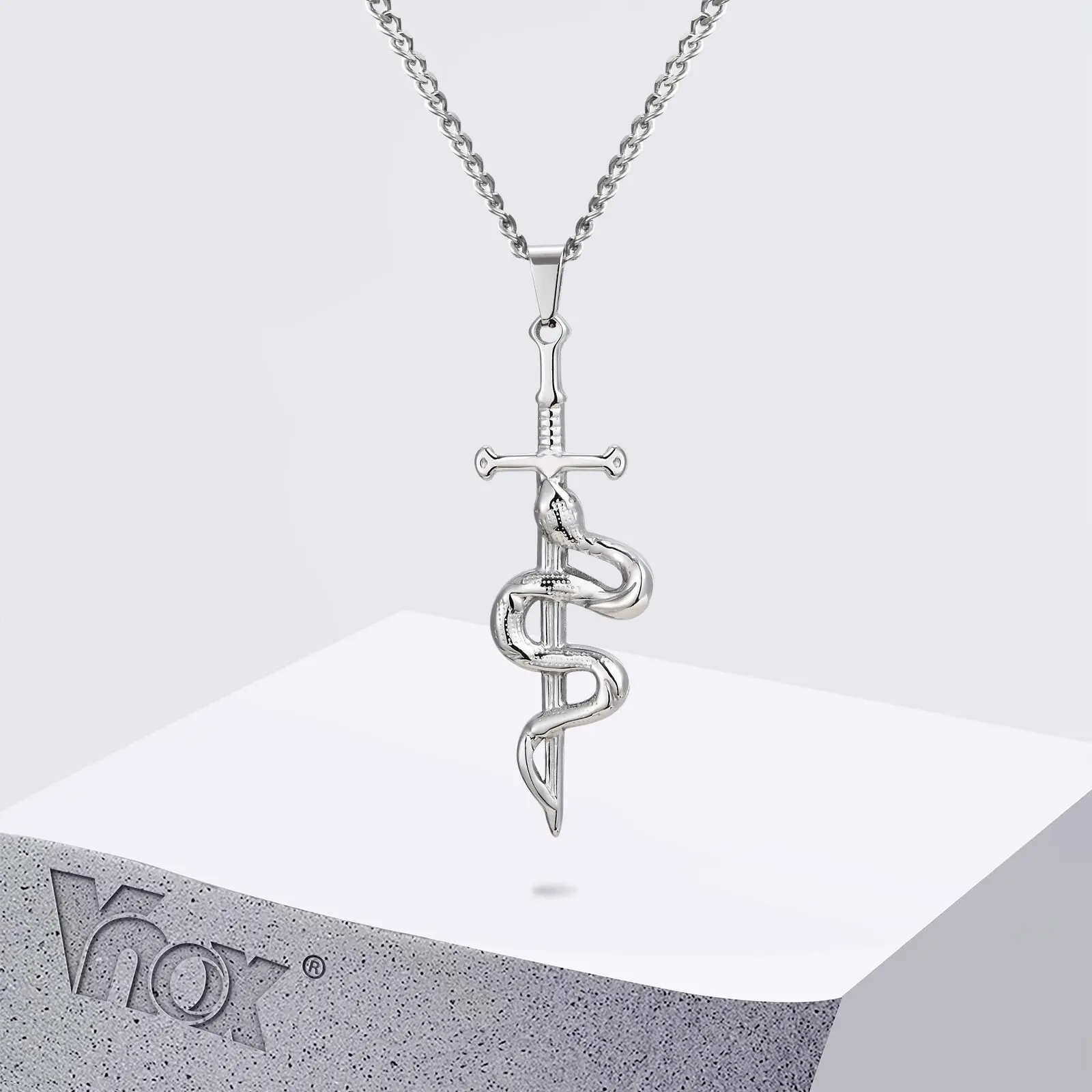 Vnox Stainless Steel Punk Cross Snake Pendant Necklace for Men, Cuban Chain Silver Color Snake Necklaces, Daily Jewelry Gifts